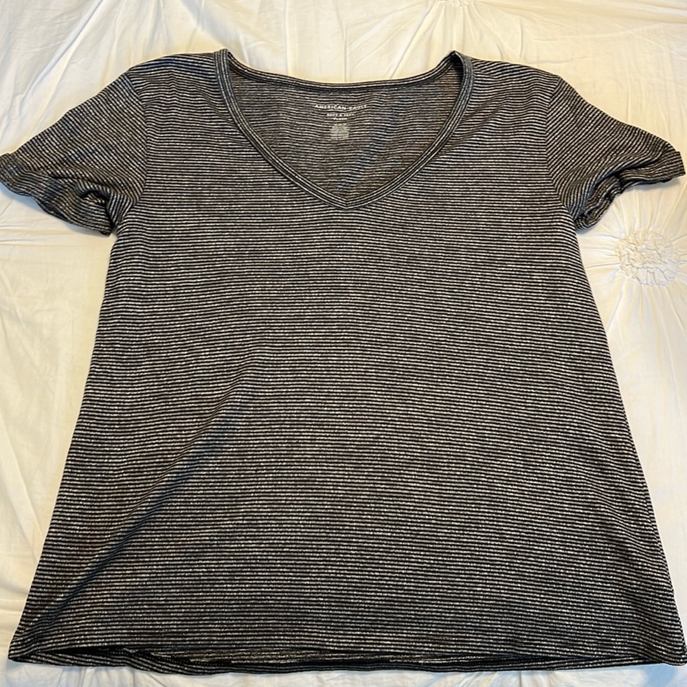 American Eagle Soft & Sexy Plush Short Sleeve Tee - Black/Gray Stripe